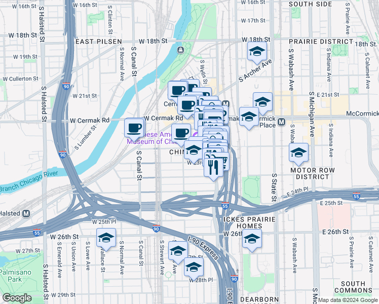 map of restaurants, bars, coffee shops, grocery stores, and more near 266 West 23rd Place in Chicago