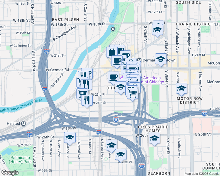 map of restaurants, bars, coffee shops, grocery stores, and more near in Chicago