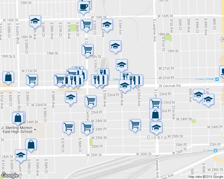 map of restaurants, bars, coffee shops, grocery stores, and more near 5423 West Cermak Road in Cicero