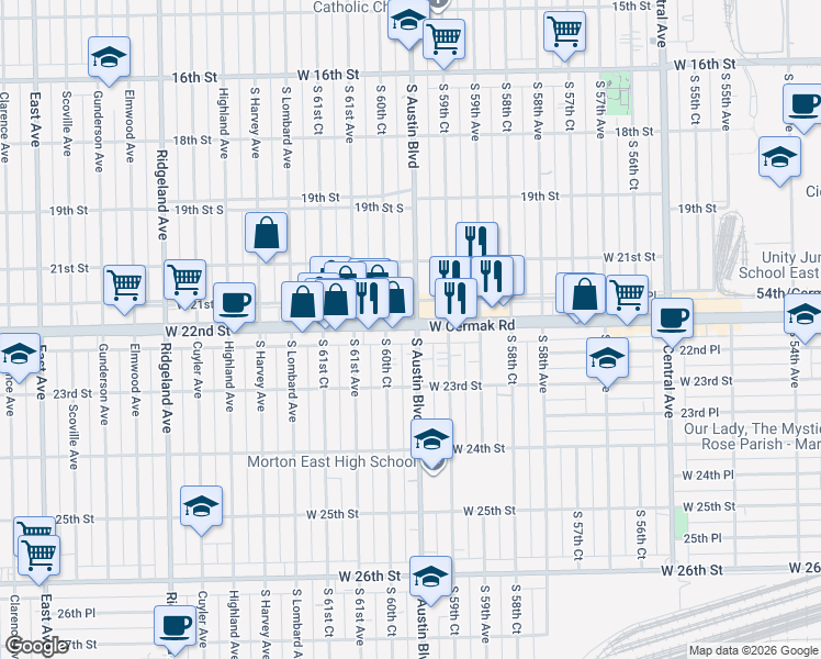 map of restaurants, bars, coffee shops, grocery stores, and more near in Cicero