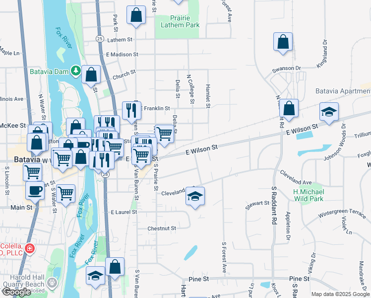 map of restaurants, bars, coffee shops, grocery stores, and more near 518 East Wilson Street in Batavia