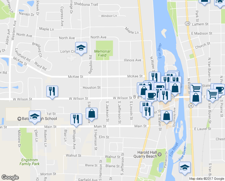 map of restaurants, bars, coffee shops, grocery stores, and more near 523 West Wilson Street in Batavia