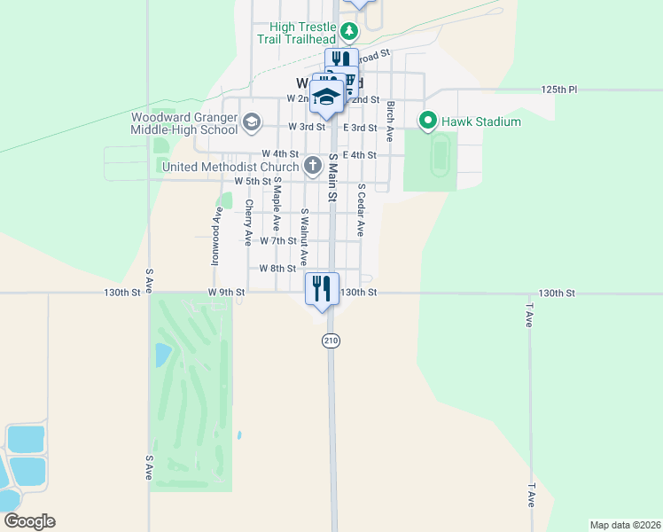 map of restaurants, bars, coffee shops, grocery stores, and more near 210 West 8th Street in Woodward