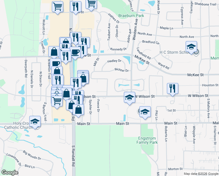map of restaurants, bars, coffee shops, grocery stores, and more near 8 Saratoga Drive in Batavia