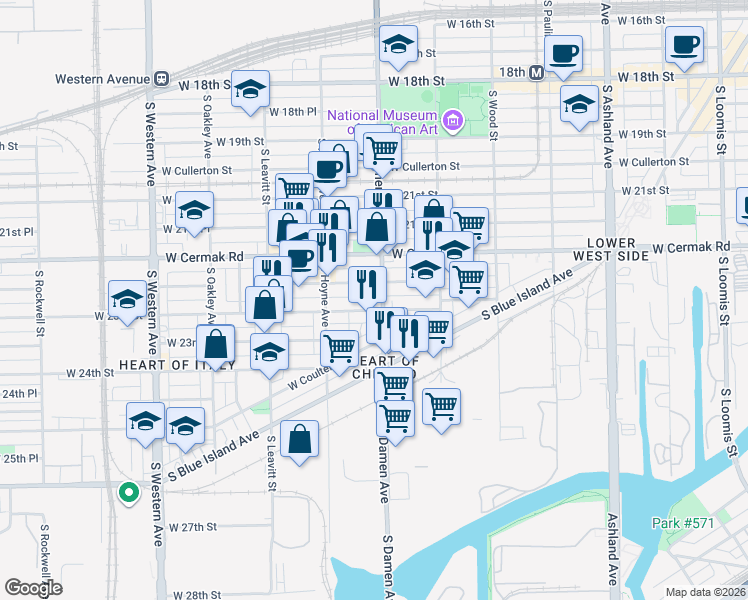 map of restaurants, bars, coffee shops, grocery stores, and more near 2004 West 23rd Street in Chicago