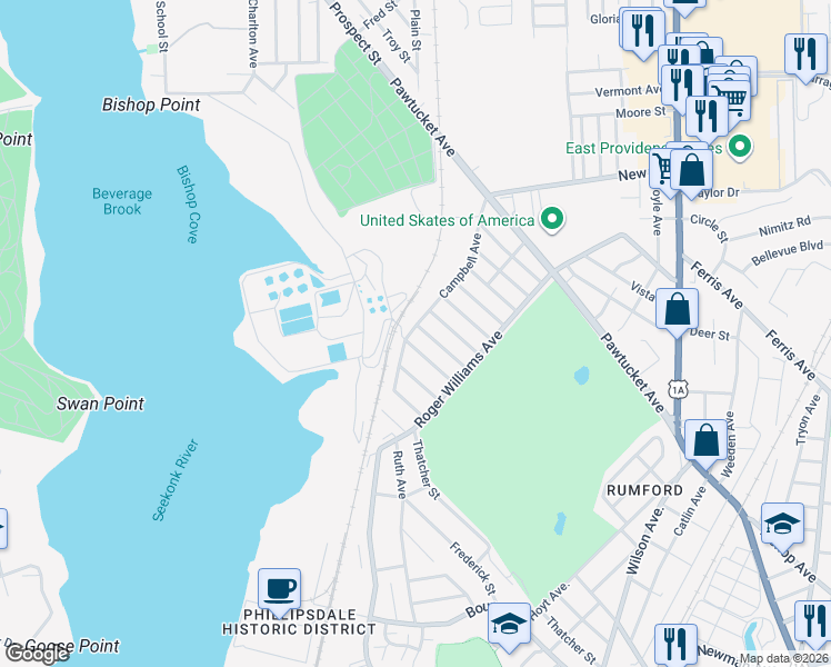 map of restaurants, bars, coffee shops, grocery stores, and more near 27 Island Avenue in East Providence