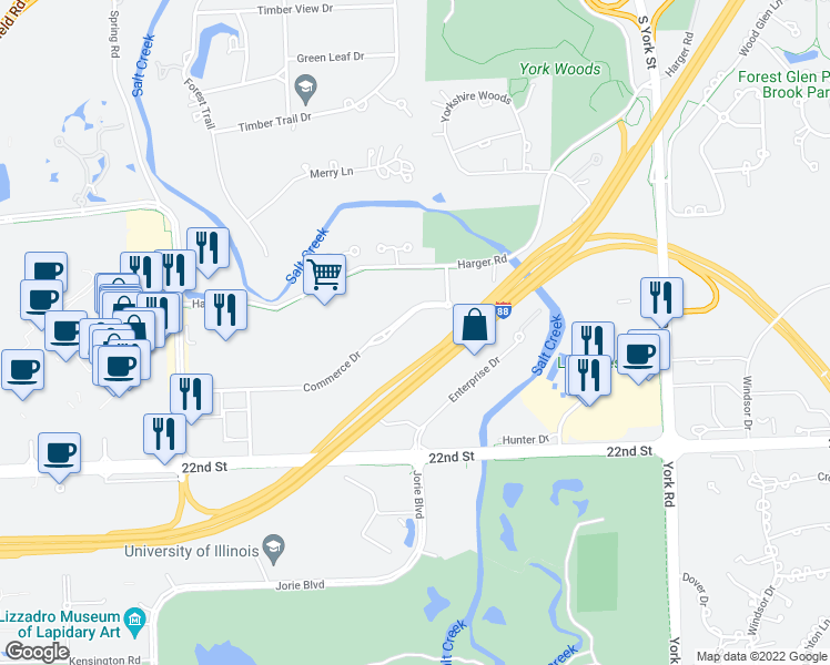 map of restaurants, bars, coffee shops, grocery stores, and more near 800 Commerce Drive in Oak Brook