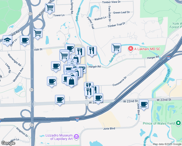 map of restaurants, bars, coffee shops, grocery stores, and more near 2001 Spring Road in Oak Brook