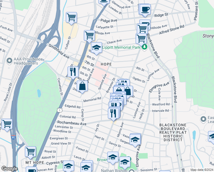 map of restaurants, bars, coffee shops, grocery stores, and more near 119 5th Street in Providence