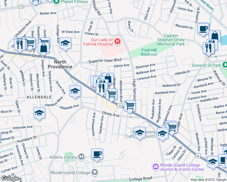 map of restaurants, bars, coffee shops, grocery stores, and more near 38 Wellesley Avenue in North Providence