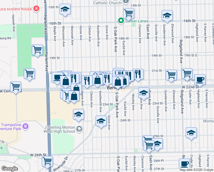 map of restaurants, bars, coffee shops, grocery stores, and more near 2124 Grove Avenue in Berwyn