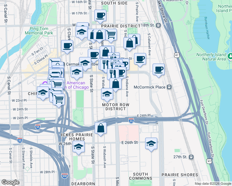 map of restaurants, bars, coffee shops, grocery stores, and more near 2305 South Michigan Avenue in Chicago
