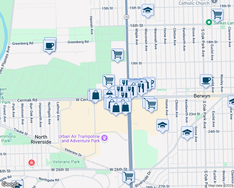 map of restaurants, bars, coffee shops, grocery stores, and more near 7222 West Cermak Road in North Riverside