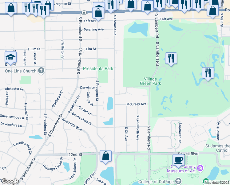 map of restaurants, bars, coffee shops, grocery stores, and more near 1445 South Lorraine Road in Wheaton