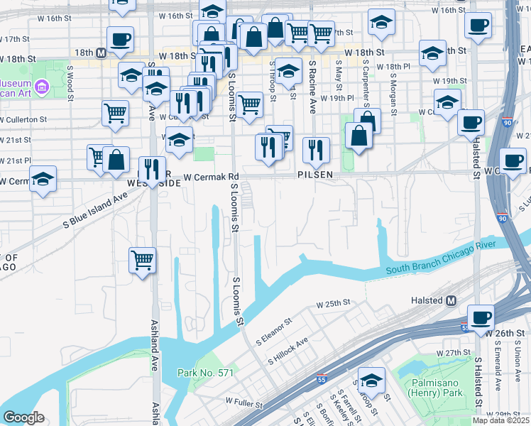 map of restaurants, bars, coffee shops, grocery stores, and more near 2234 S Throop St in Chicago