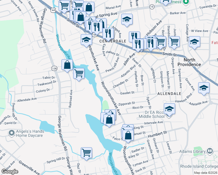 map of restaurants, bars, coffee shops, grocery stores, and more near 463 Woonasquatucket Avenue in North Providence