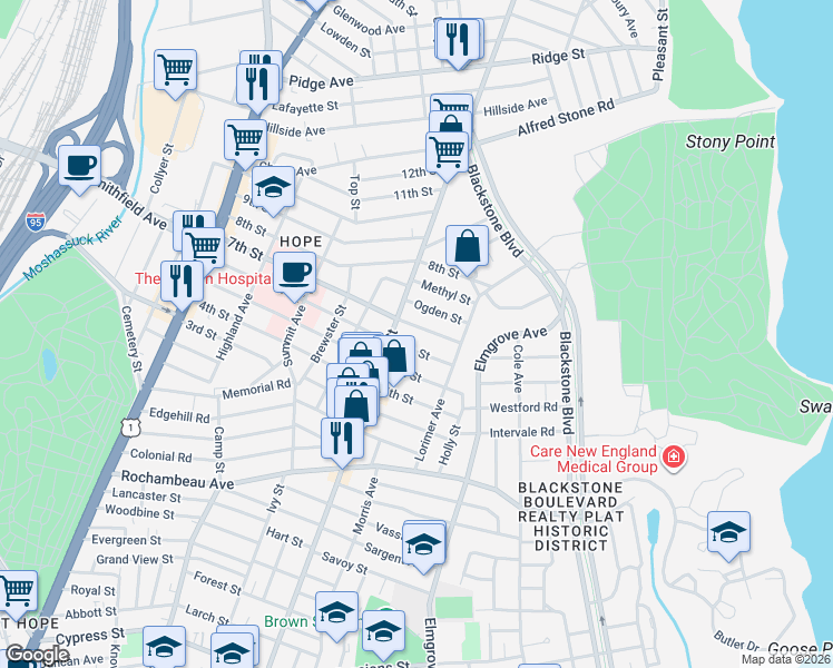 map of restaurants, bars, coffee shops, grocery stores, and more near 28 Ogden Street in Providence
