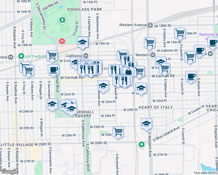map of restaurants, bars, coffee shops, grocery stores, and more near 2617 West Cermak Road in Chicago