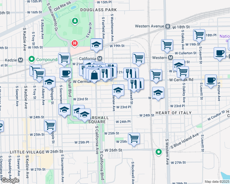 map of restaurants, bars, coffee shops, grocery stores, and more near 2216 South Washtenaw Avenue in Chicago