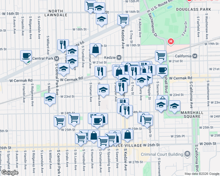 map of restaurants, bars, coffee shops, grocery stores, and more near 3305 West Cermak Road in Chicago
