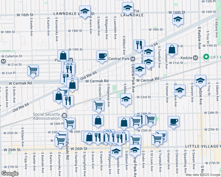 map of restaurants, bars, coffee shops, grocery stores, and more near 2205 South Ridgeway Avenue in Chicago