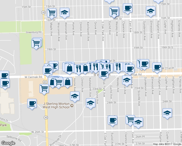 map of restaurants, bars, coffee shops, grocery stores, and more near 2124 Grove Avenue in Berwyn