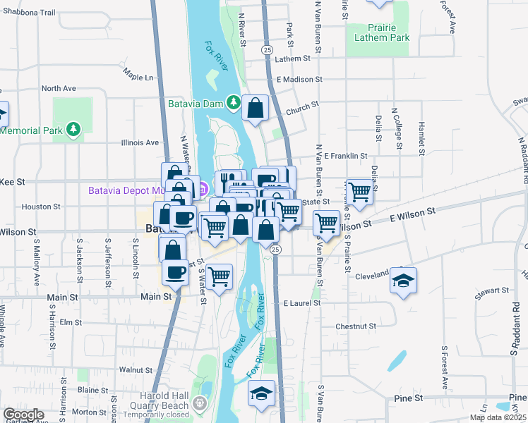 map of restaurants, bars, coffee shops, grocery stores, and more near 111 North River Street in Batavia