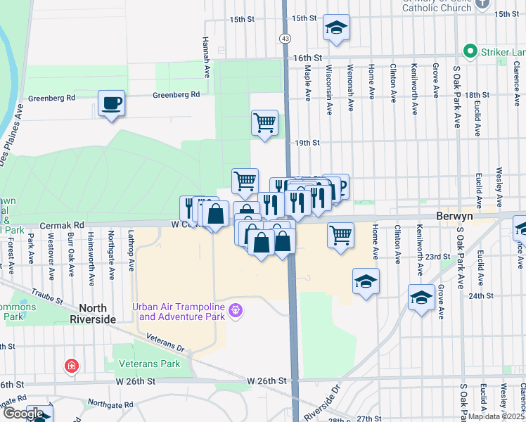 map of restaurants, bars, coffee shops, grocery stores, and more near 7222 West Cermak Road in North Riverside