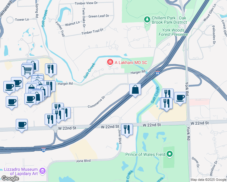 map of restaurants, bars, coffee shops, grocery stores, and more near 800 Commerce Drive in Oak Brook
