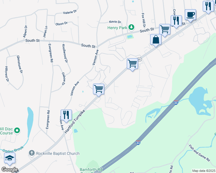 map of restaurants, bars, coffee shops, grocery stores, and more near 1125 Hartford Turnpike in Vernon Rockville