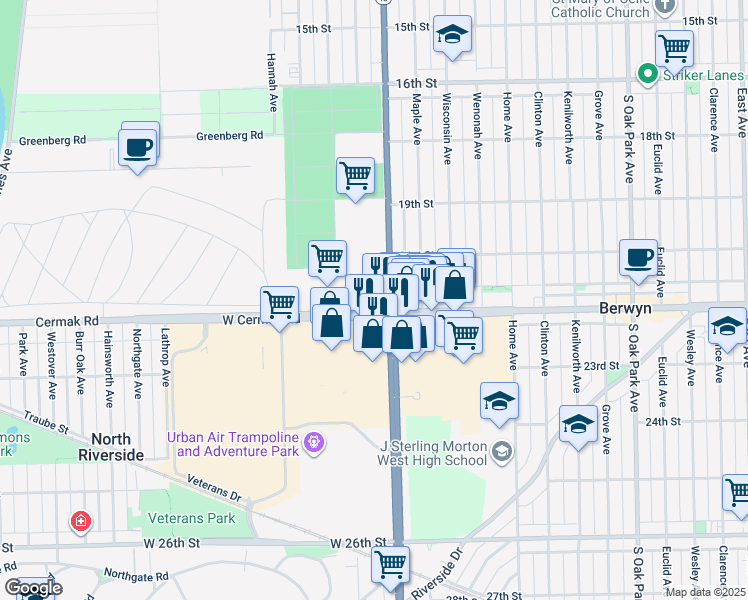 map of restaurants, bars, coffee shops, grocery stores, and more near 2100 South Harlem Avenue in North Riverside