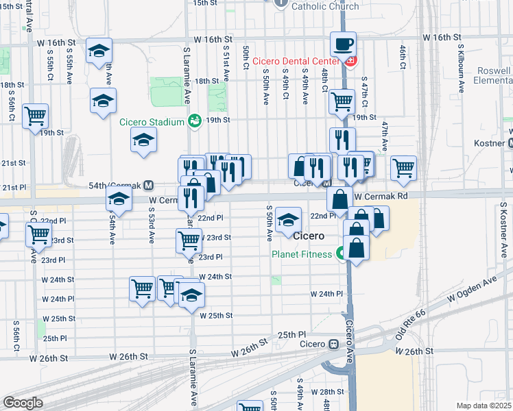 map of restaurants, bars, coffee shops, grocery stores, and more near 5011 West Cermak Road in Cicero