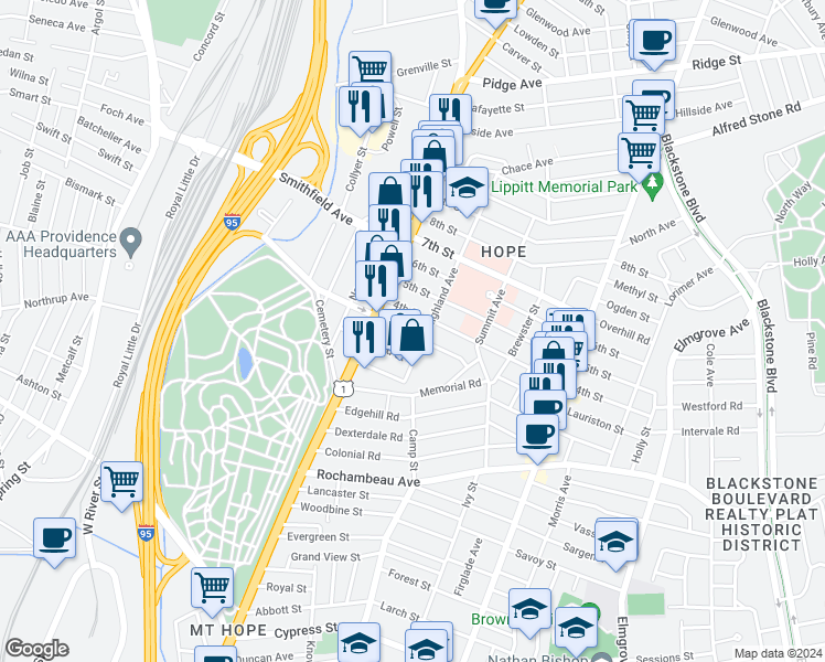 map of restaurants, bars, coffee shops, grocery stores, and more near 40 3rd Street in Providence