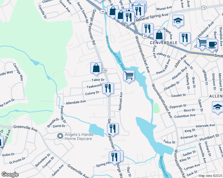 map of restaurants, bars, coffee shops, grocery stores, and more near 326 George Waterman Road in Johnston