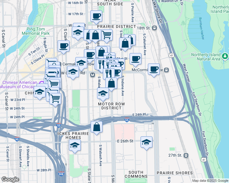 map of restaurants, bars, coffee shops, grocery stores, and more near 2303 South Michigan Avenue in Chicago
