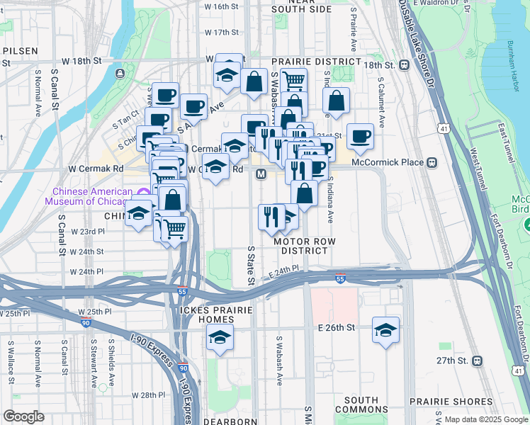 map of restaurants, bars, coffee shops, grocery stores, and more near 2255 South Wabash Avenue in Chicago
