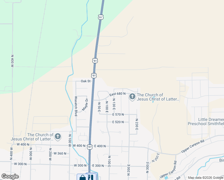 map of restaurants, bars, coffee shops, grocery stores, and more near 695 North 130 East in Smithfield