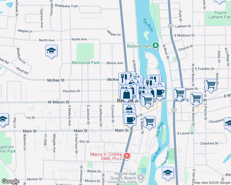 map of restaurants, bars, coffee shops, grocery stores, and more near 349 Houston Street in Batavia