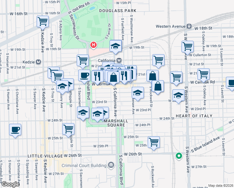map of restaurants, bars, coffee shops, grocery stores, and more near 2745 West Cermak Road in Chicago
