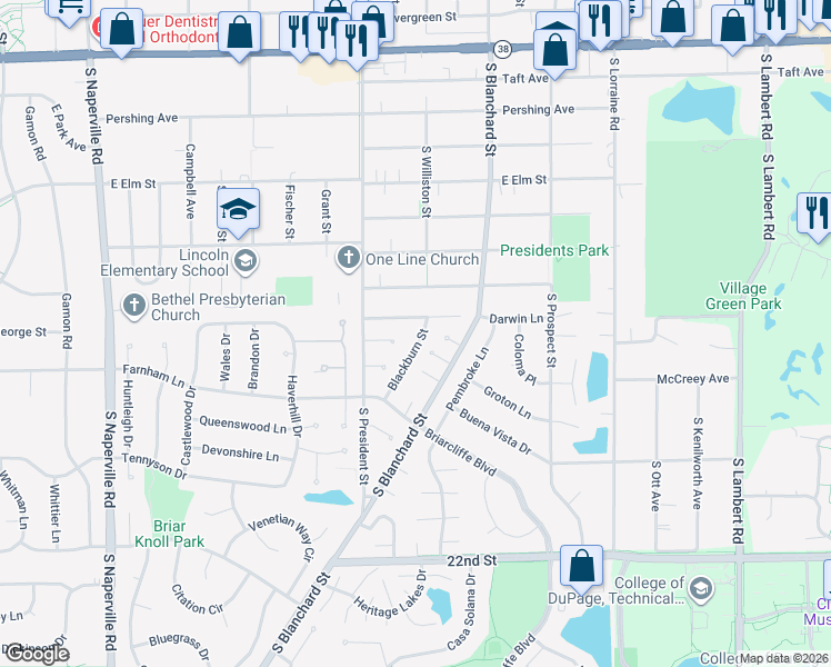 map of restaurants, bars, coffee shops, grocery stores, and more near 1125 Loughborough Court in Wheaton