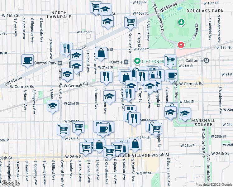 map of restaurants, bars, coffee shops, grocery stores, and more near 3305 West Cermak Road in Chicago