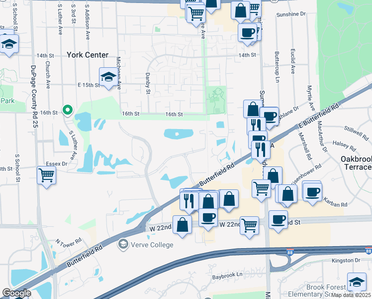 map of restaurants, bars, coffee shops, grocery stores, and more near 18w070 Royce Boulevard in Oakbrook Terrace