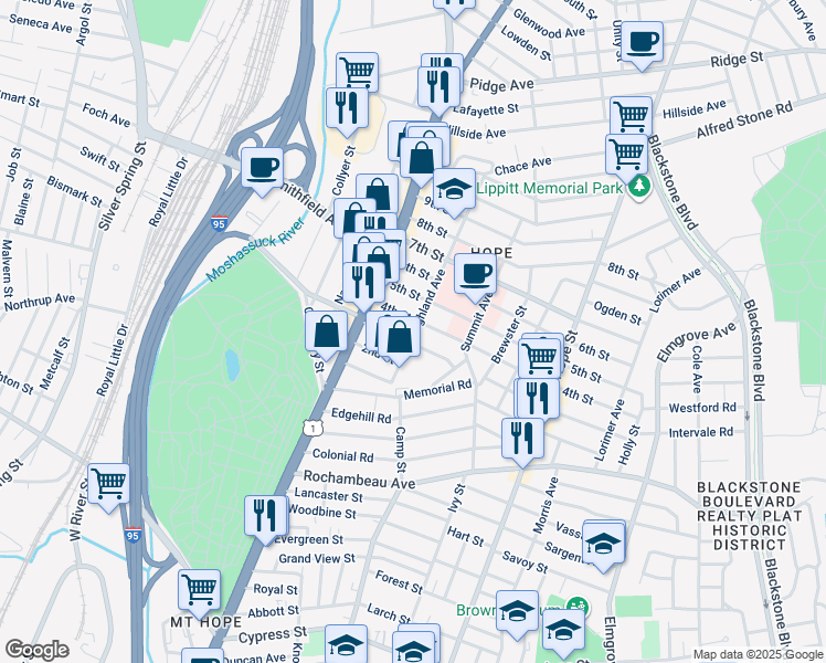 map of restaurants, bars, coffee shops, grocery stores, and more near 174 Highland Avenue in Providence