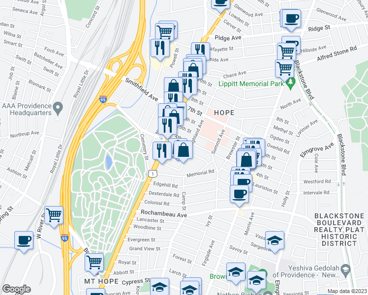 map of restaurants, bars, coffee shops, grocery stores, and more near 14 3rd Street in Providence
