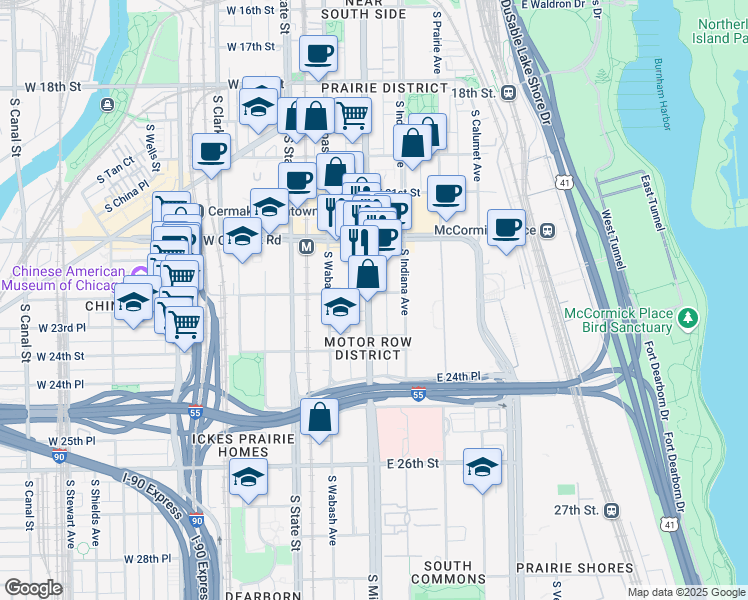 map of restaurants, bars, coffee shops, grocery stores, and more near 2246 South Michigan Avenue in Chicago