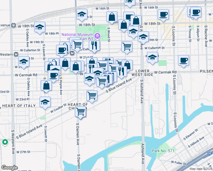 map of restaurants, bars, coffee shops, grocery stores, and more near 1825 West 22nd Place in Chicago