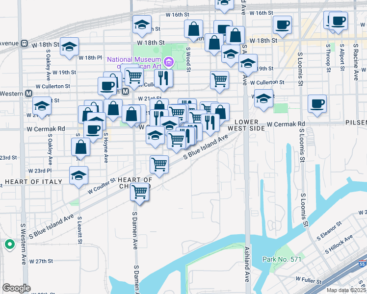 map of restaurants, bars, coffee shops, grocery stores, and more near 1825 West 22nd Place in Chicago