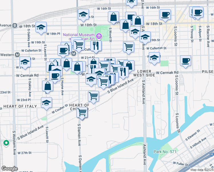 map of restaurants, bars, coffee shops, grocery stores, and more near 1825 West 22nd Place in Chicago