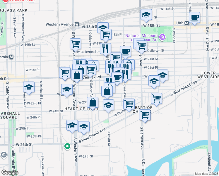 map of restaurants, bars, coffee shops, grocery stores, and more near 2218 South Leavitt Street in Chicago