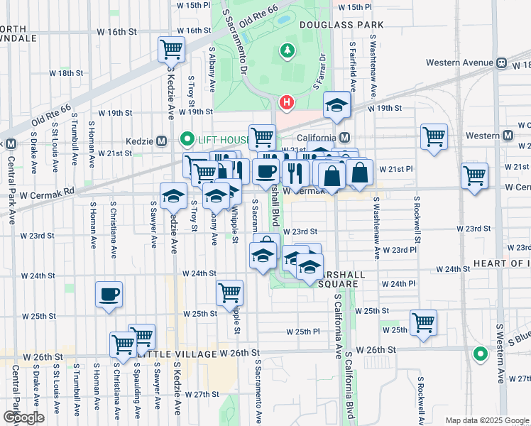 map of restaurants, bars, coffee shops, grocery stores, and more near 2210 South Marshall Boulevard in Chicago